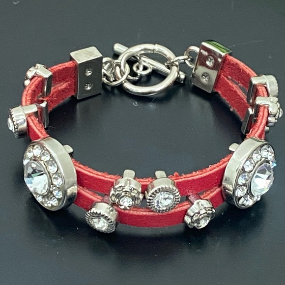 Red Genuine Leather Rhinestone Charms 7 1/2” Toggle Bracelet 36g. - Picture 9 of 15